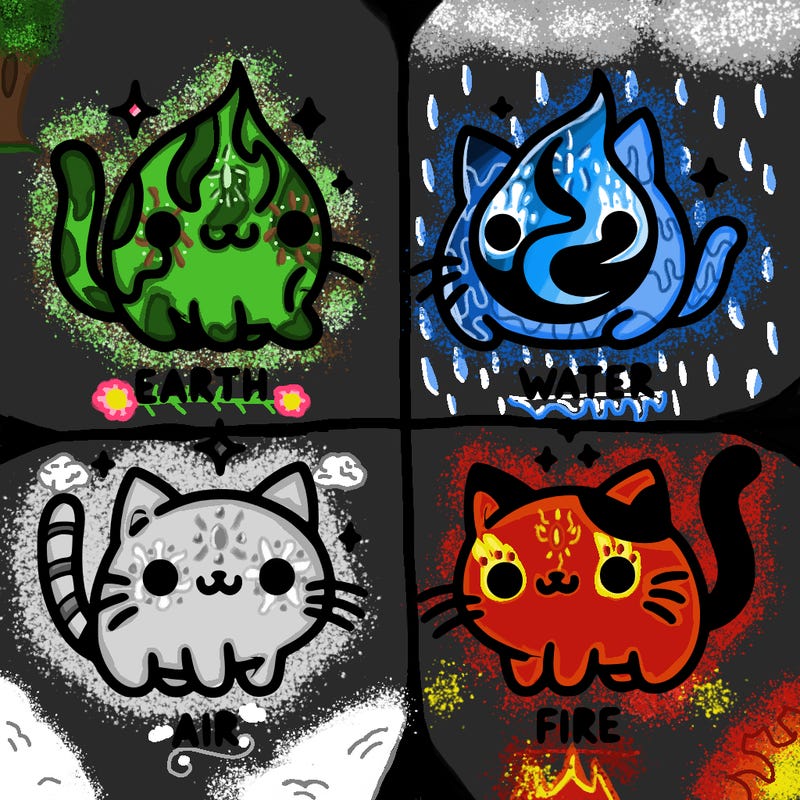 4 cats that represent the different elements, earth, water, air, and fire