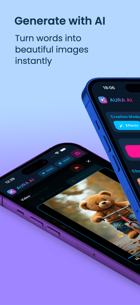 Aura AI mobile app interface displaying the text-to-image generation feature with an AI-generated teddy bear on an iPhone screen.