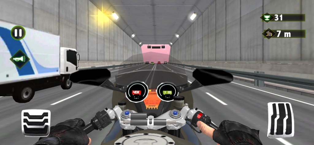 First person perspective of a motorbike racing through a tunnel in Highway Rider game