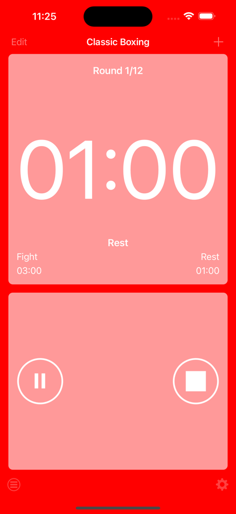 Boxing Interval Timer - Box Intervall Timer App-Oberfläche, die einen einminütigen Pausen-Countdown zwischen den Runden zeigt