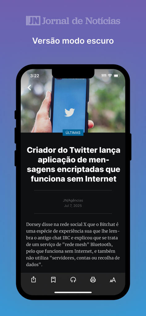 Vista de artículo de noticias en modo oscuro de la aplicación Jornal de Noticias, mostrando un artículo en portugués