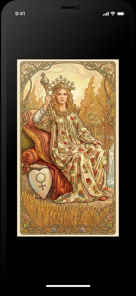 Tarot Reading: Love & Advice - Illustrazione elegante in stile Art Nouveau della carta dei tarocchi L'Imperatrice su uno schermo mobile