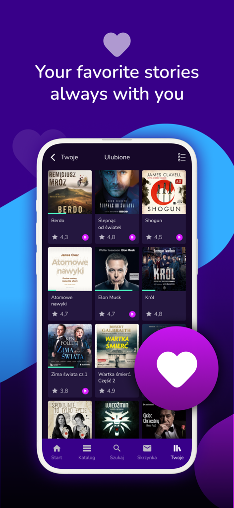 Audioteka mobile app interface displaying a grid of favorite audiobooks with star ratings.