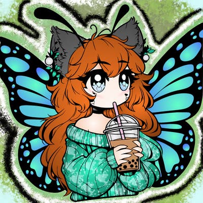 a realistic butterfly/furry girl drinking boba