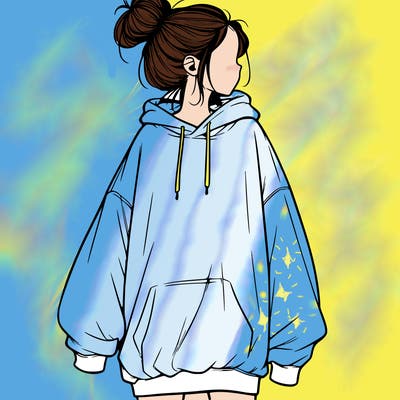 realistic girl with a oversized sweatshirt on and a bun