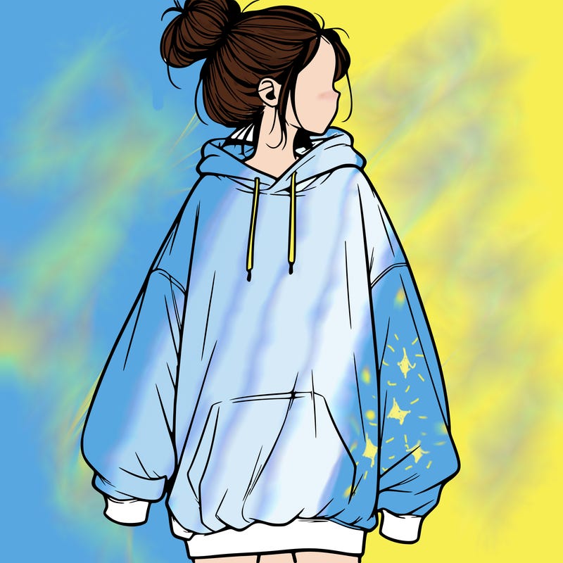 realistic girl with a oversized sweatshirt on and a bun