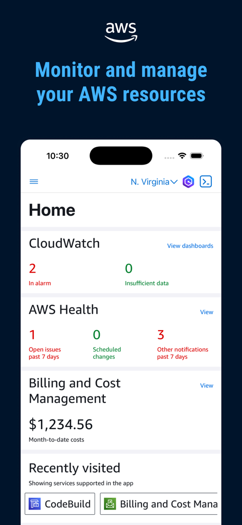 AWS Console - AWS Console mobile app dashboard display with CloudWatch and billing status