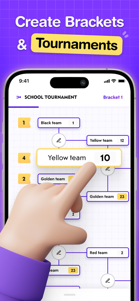 Un'interfaccia di app mobile che mostra un bracket di torneo scolastico con squadre e punteggi