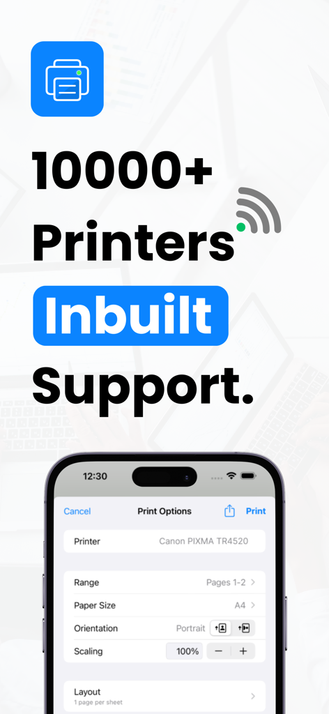 Interfaz de la aplicación iPrint Smart Printer App mostrando opciones de impresión y soporte para más de 10000 impresoras
