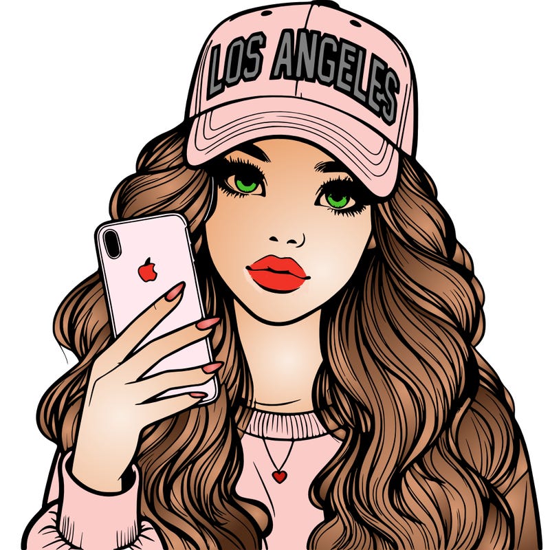 realistic beautiful girl wearing los ángeles cap holding an iphone