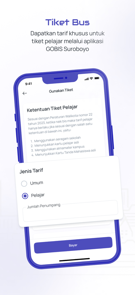 Gobis Suroboyo app screen for selecting student bus ticket fare
