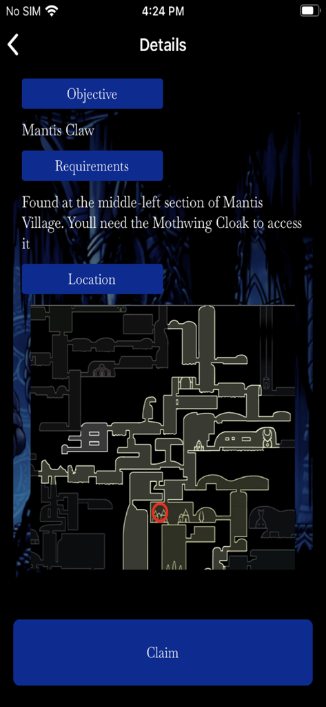 Hollow Knight Progress Guide - Hollow Knight Progress Guide app showing Mantis Claw objective location and requirements