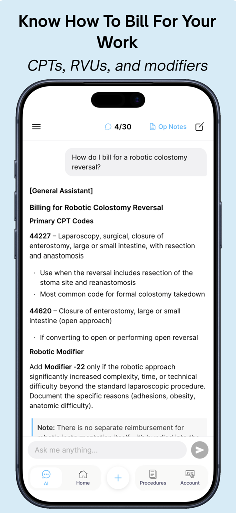 UNIRA - UNIRA mobile app interface showing AI powered surgical billing guidance for CPT codes and modifiers