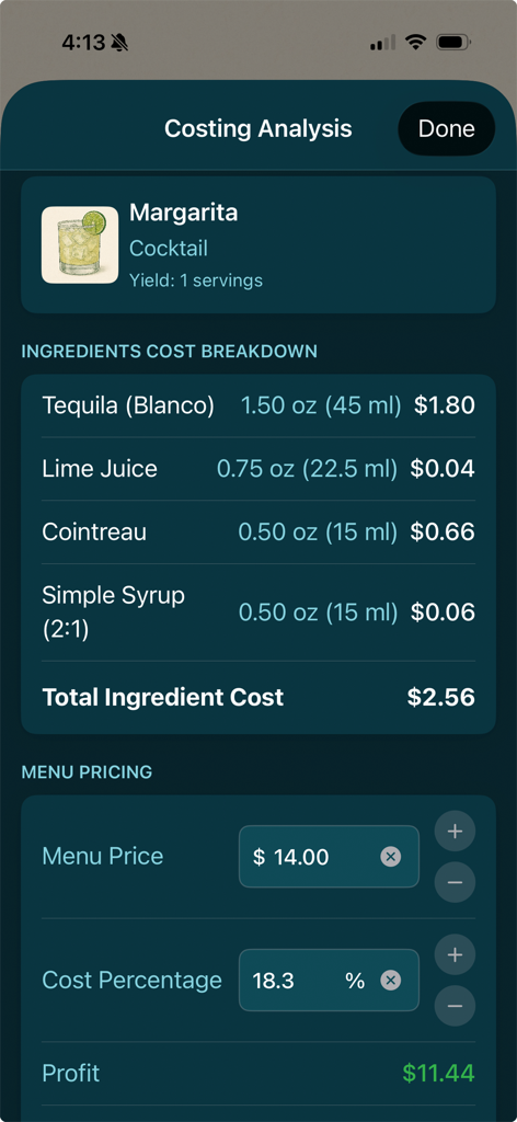 Benutzeroberfläche der Bevnap-App, die eine detaillierte Kostenanalyse für einen Margarita-Cocktail mit aufgeschlüsselten Zutaten und Gewinnspannen zeigt