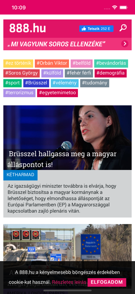 888.hu news app home screen displaying Hungarian political articles and trending tags.