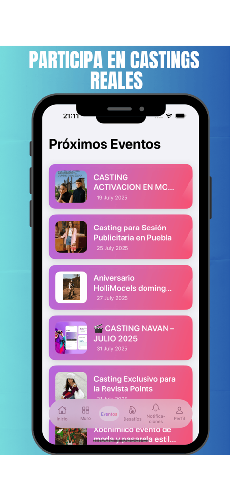 HolliModels - HolliModels App-Oberfläche, die eine Liste anstehender Model-Castings und Branchen-Events anzeigt
