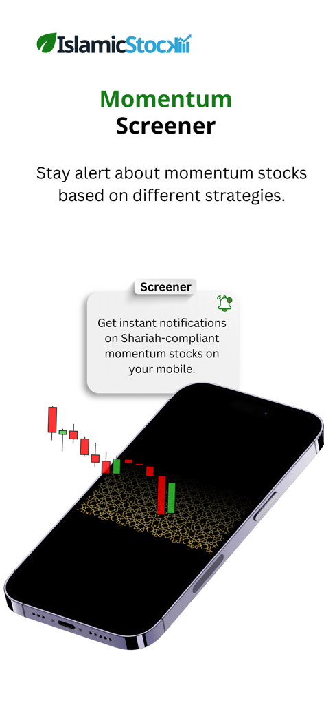 IslamicStock app interface showing Shariah compliant momentum stock alerts on a smartphone