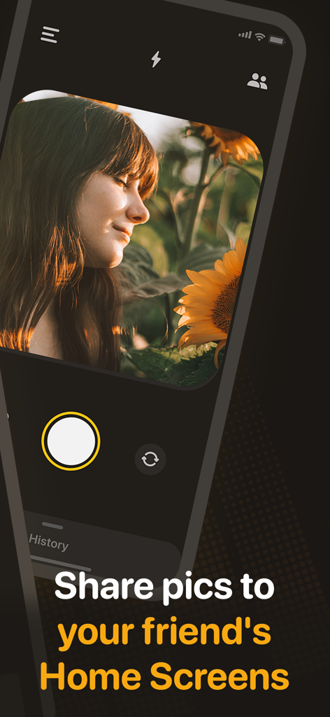 A mobile interface for Live Pic Widget showing a photo of a woman with sunflowers and the text Share pics to your friend's Home Screens.