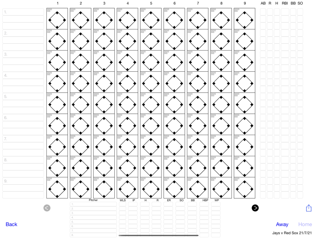 Scorecards - Blank digital baseball scorecard interface for iPad