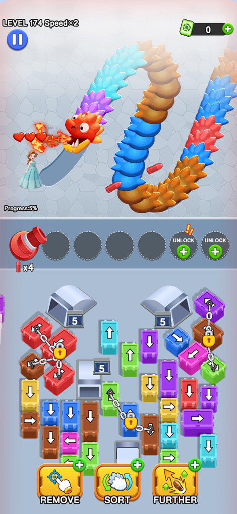 A gameplay screenshot of Girl Rescue Dragon Out showing a princess being attacked by a dragon and a color matching puzzle board.