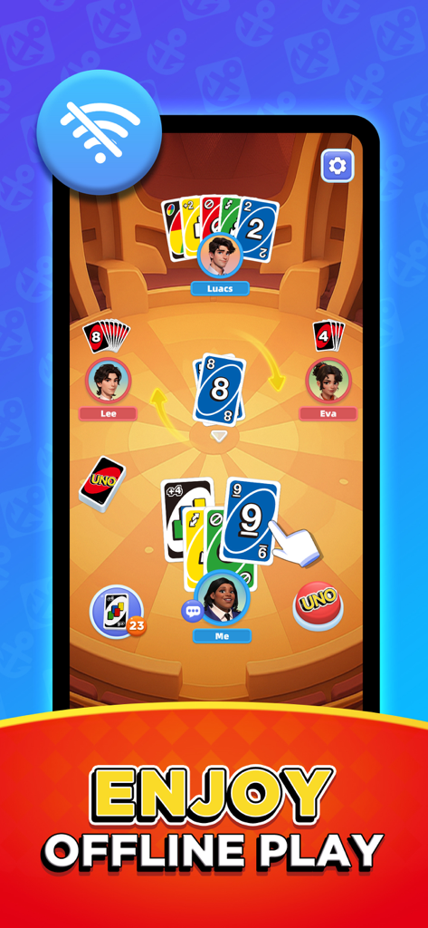 Interfaz del juego de cartas UNO Wonder que muestra la función de disfrutar del juego sin conexión