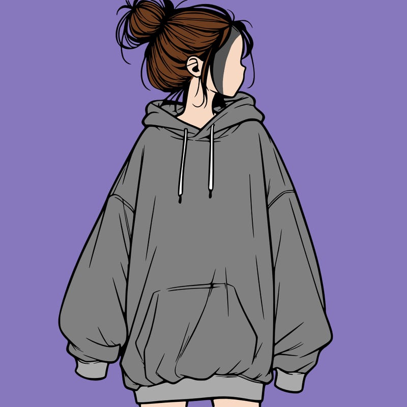 realistic girl with a oversized sweatshirt on and a bun