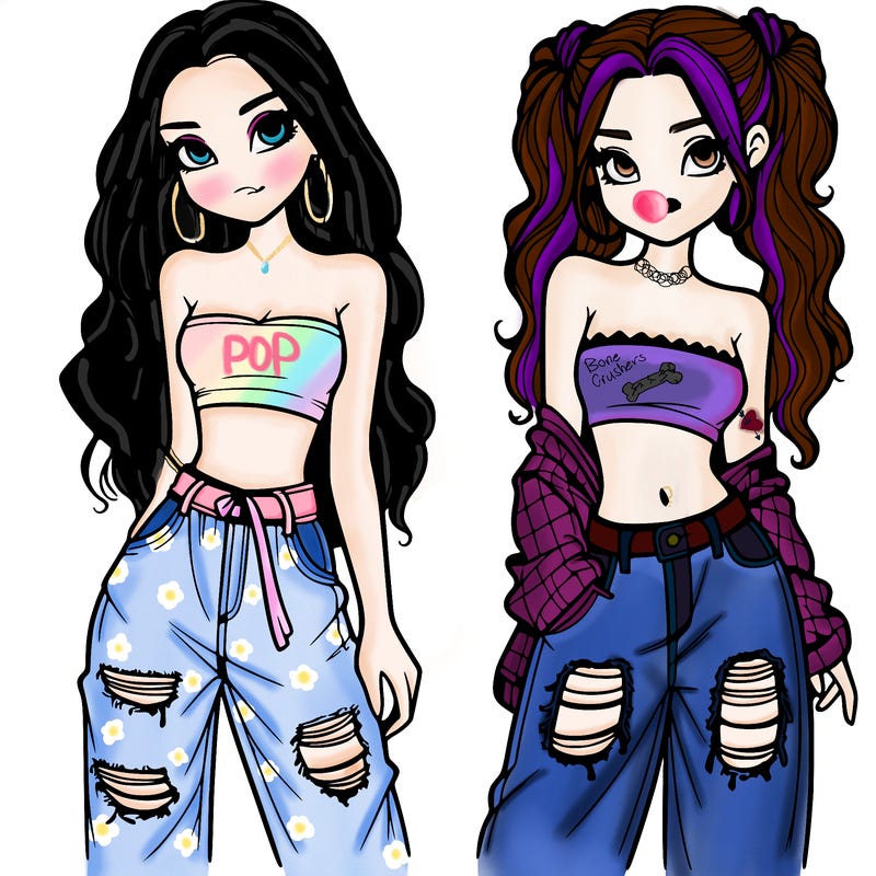 2 girls in crop tops and baggy jeans ripped