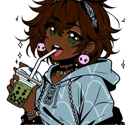 hot baddie anime girl drinking boba and biting the straw