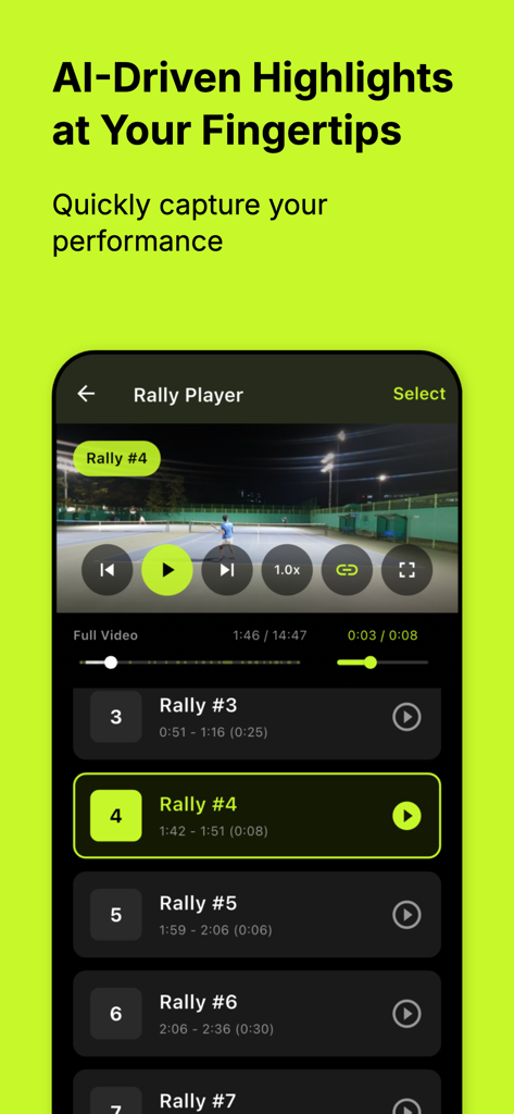 PerfectSwing:Tennis Highlights - Interface of the PerfectSwing app showing automatically clipped tennis rallies in a video player