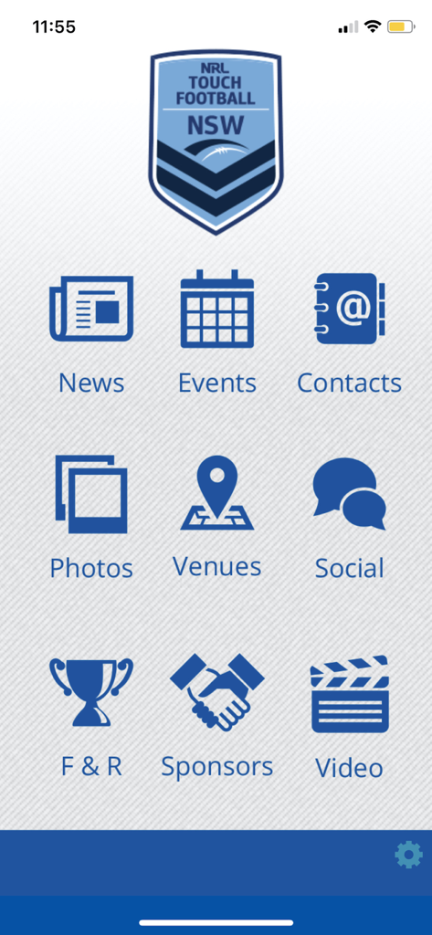 NSW Touch - Home screen of the NSW Touch Football app featuring icons for news, events, and fixtures.