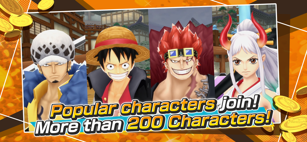 Exibição de personagens populares de One Piece Bounty Rush, incluindo Luffy e Law