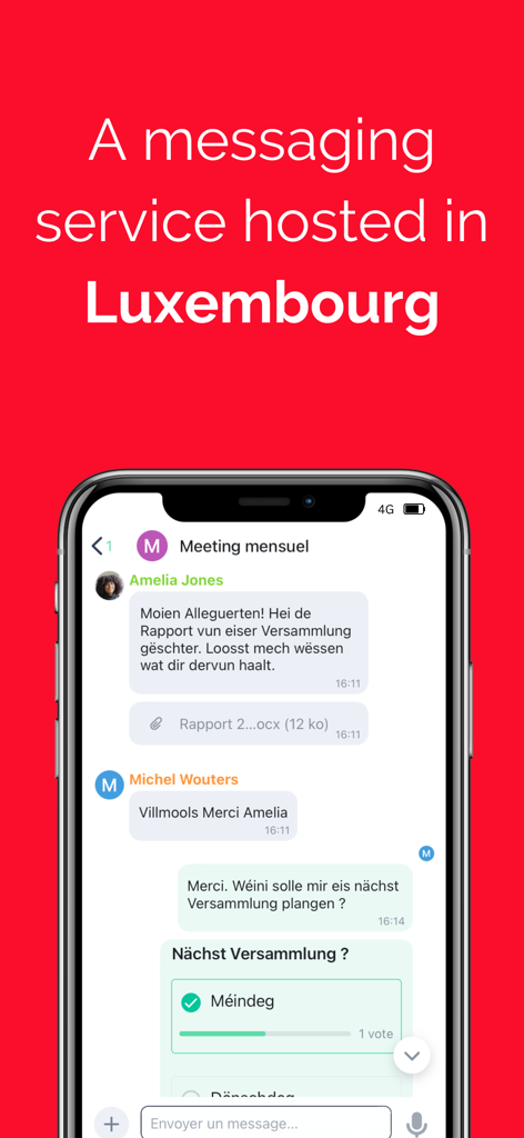 Luxchat4Gov - Luxchat4Gov smartphone app interface showing a professional group chat with messages and a poll