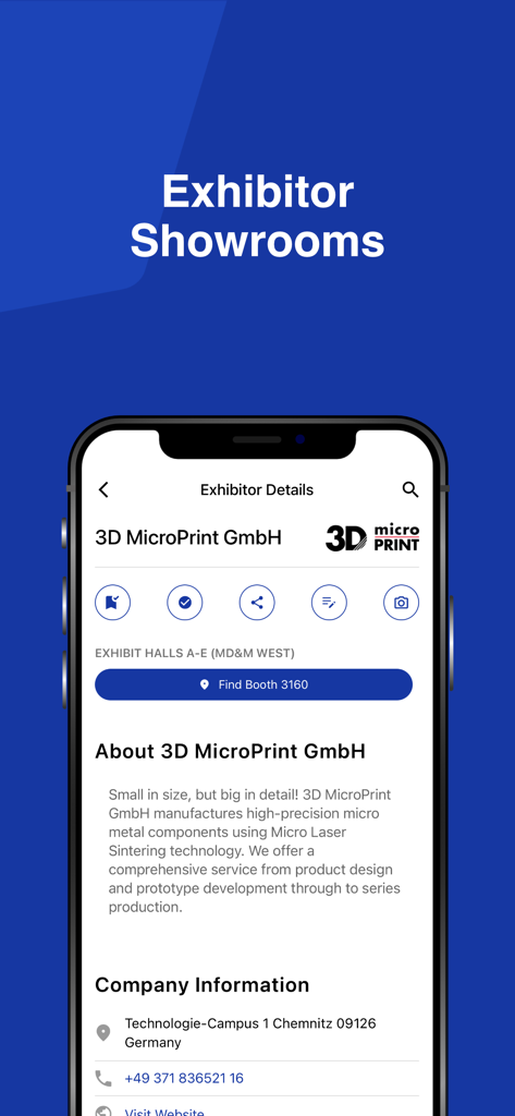 MD&M West 2026 - MD&M West 2026 app showing an exhibitor showroom page with company info and booth location