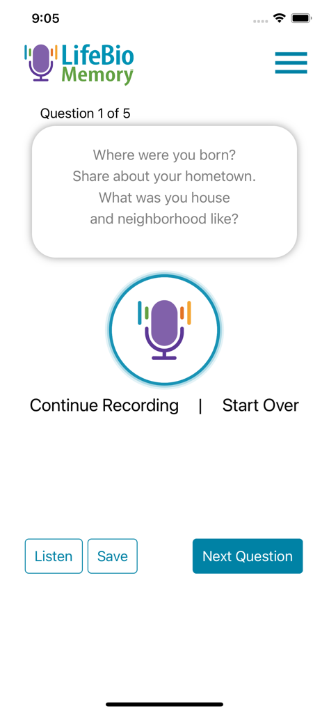 LifeBio Memory app voice recording interface with a life story prompt about hometown birth and neighborhood