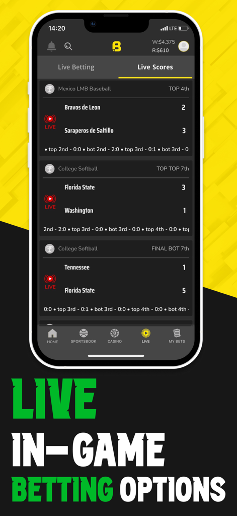 野球とカレッジソフトボールのライブスコアとライブ試合中ベッティングオプションを強調するキャプションを表示するBet On Sportsアプリのスマートフォンディスプレイ