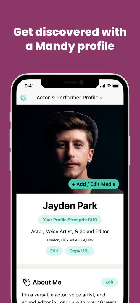 The Mandy Network - Interface of The Mandy Network app displaying a professional actor and performer profile.