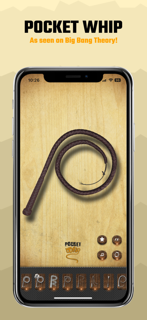 Pocket Whip mobile app interface featuring a coiled leather whip on a wooden background.