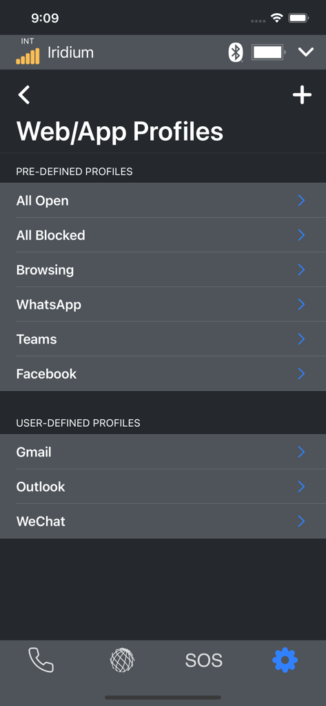 Iridium GO! exec - Web and app profiles screen in the Iridium GO exec app for managing satellite data usage