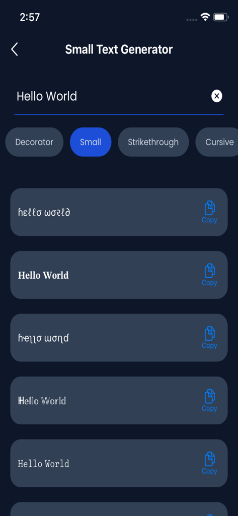Stylish Text Generator App - Stylish Text Generator App screen showing small font styles for the text Hello World