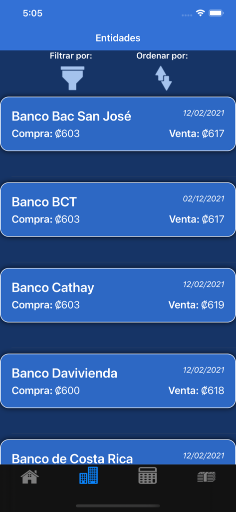 TDC Tipo de Cambio CR Pro - Lista de bancos costarricenses que muestran las tasas de cambio de compra y venta de USD a CRC