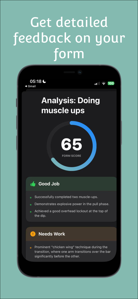 Valon: Calisthenics Coach - Captura de pantalla de la aplicación Valon AI que muestra una puntuación de forma y retroalimentación detallada de la técnica para muscle ups