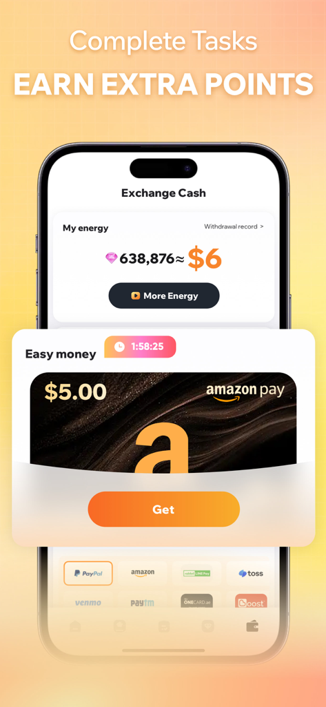 Pantalla de smartphone mostrando el sistema de recompensas de la aplicación Calorie Manager para canjear puntos por efectivo y tarjetas de regalo.