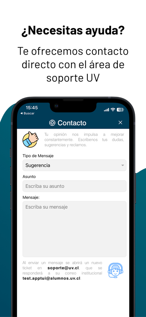 AppTUI UV Digital - Pantalla de contacto dentro de la aplicación AppTUI UV Digital que muestra un formulario de mensaje para soporte universitario.