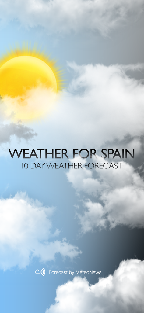 Wetter für Spanien App Startbildschirm mit Sonne und 10-Tage-Wettervorhersage-Text
