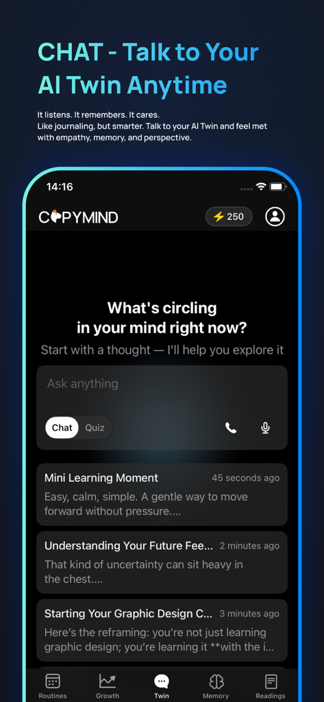 COPYMIND: AI Twin - La pantalla de chat de la aplicación COPYMIND mostrando una interfaz interactiva para hablar con un gemelo de IA para la reflexión personal.
