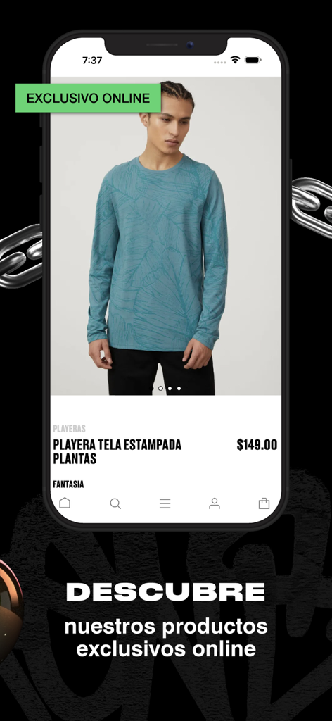 Cuidado Con el Perro - Pantalla de la app móvil Cuidado Con el Perro mostrando una camisa color azul verdoso estampada para hombre con una etiqueta de exclusivo en línea
