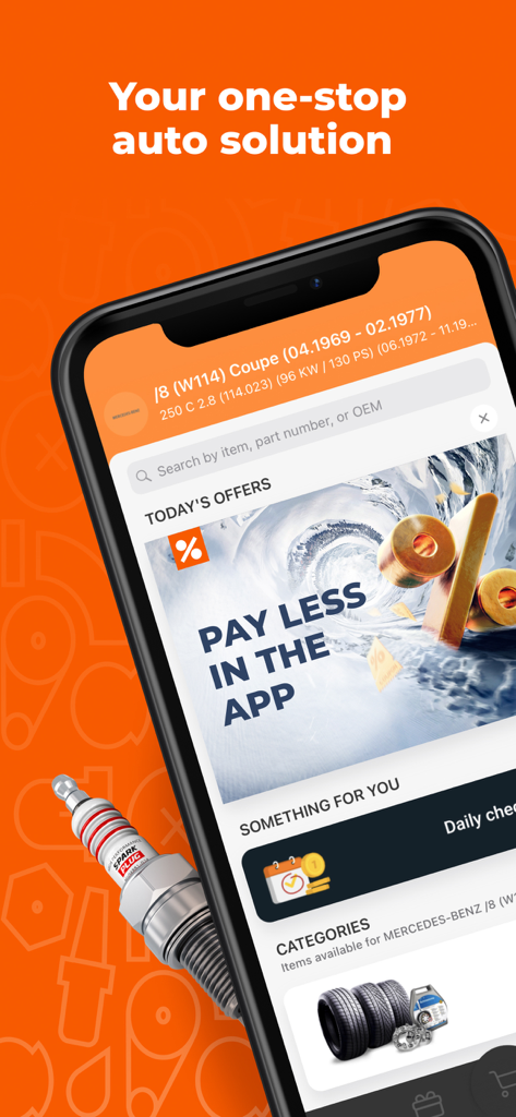AUTODOC mobile app interface for car parts shopping with discounts and categories