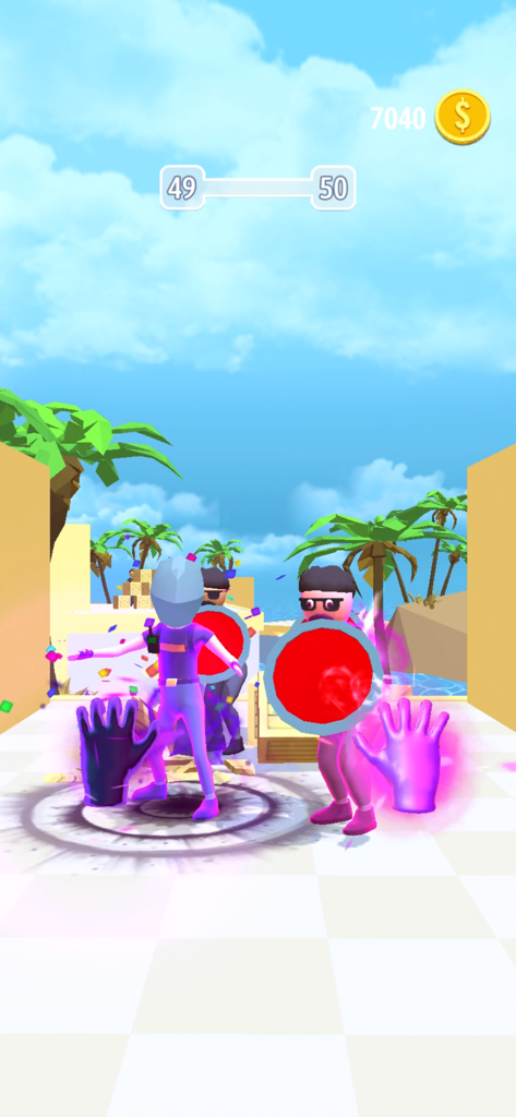 Elemental Gloves - Magic Power - First person view of purple magic gloves attacking enemies with red shields