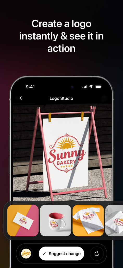 베이커리 로고를 보도 표지판 및 다양한 비즈니스 상품에 미리 표시하는 Pixi 앱 로고 스튜디오 인터페이스