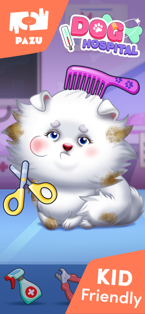 Pet Hospital Kids Doctor Games - A fluffy white Pomeranian dog being groomed in a kids pet doctor game